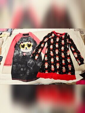 2 Girls Size M 7/8 Nightgowns | Panda Pajama Dress + Christmas Santa Nightgown